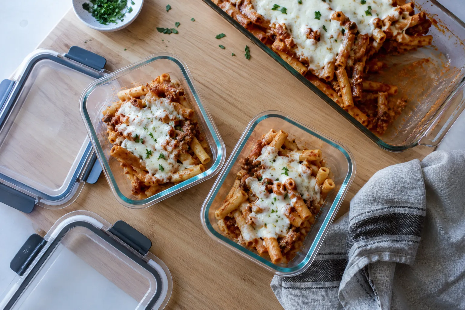 Storing leftover easy baked ziti in glass meal prep containers
