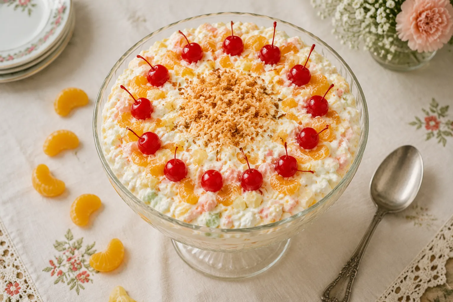 Finished ambrosia salad recipe served in a vintage glass trifle bowl.