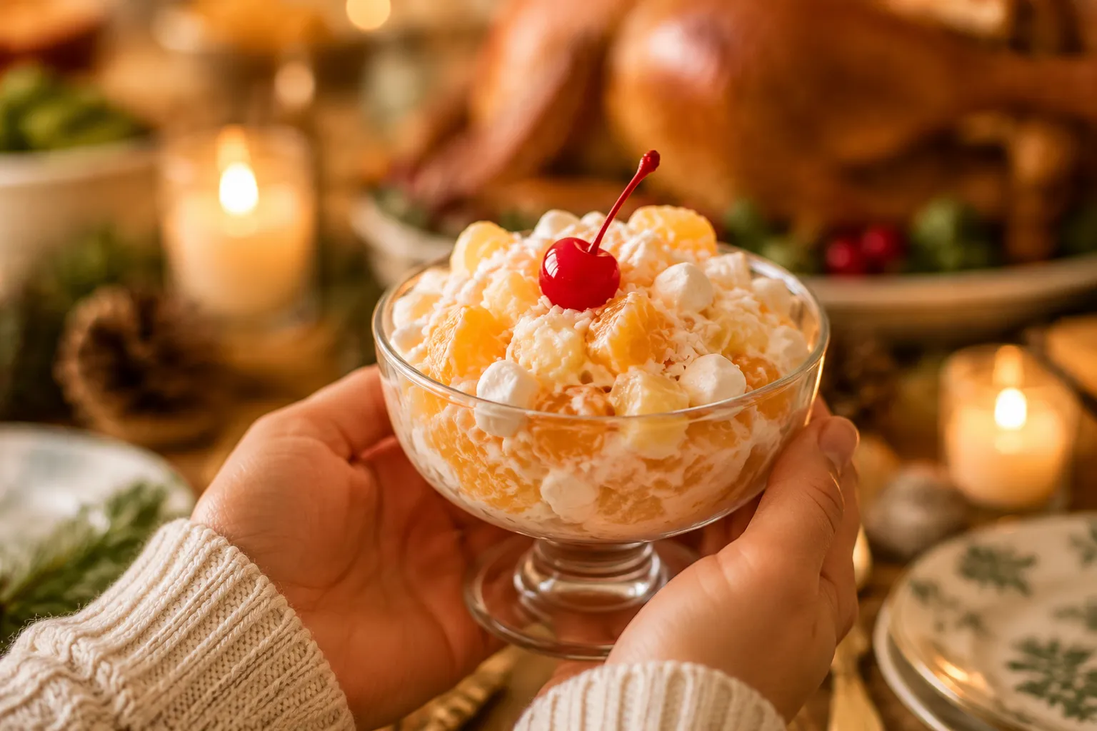 Serving a small bowl of ambrosia salad at a holiday dinner table.
