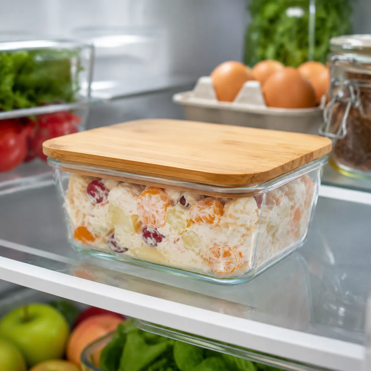 Storing leftover ambrosia salad in a glass container in the fridge.