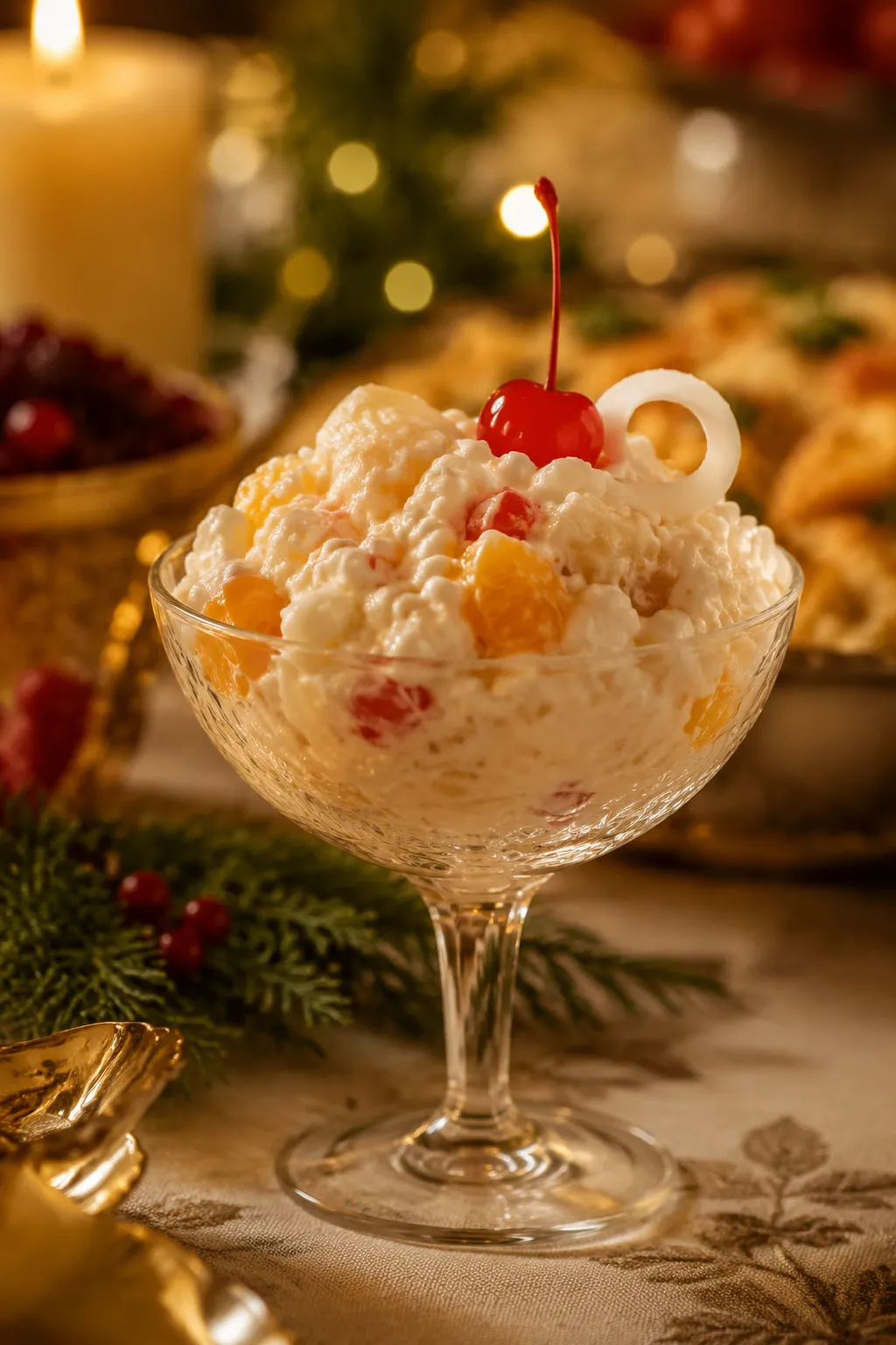 Ambrosia salad served in a coupe glass on a holiday buffet, vertical view.