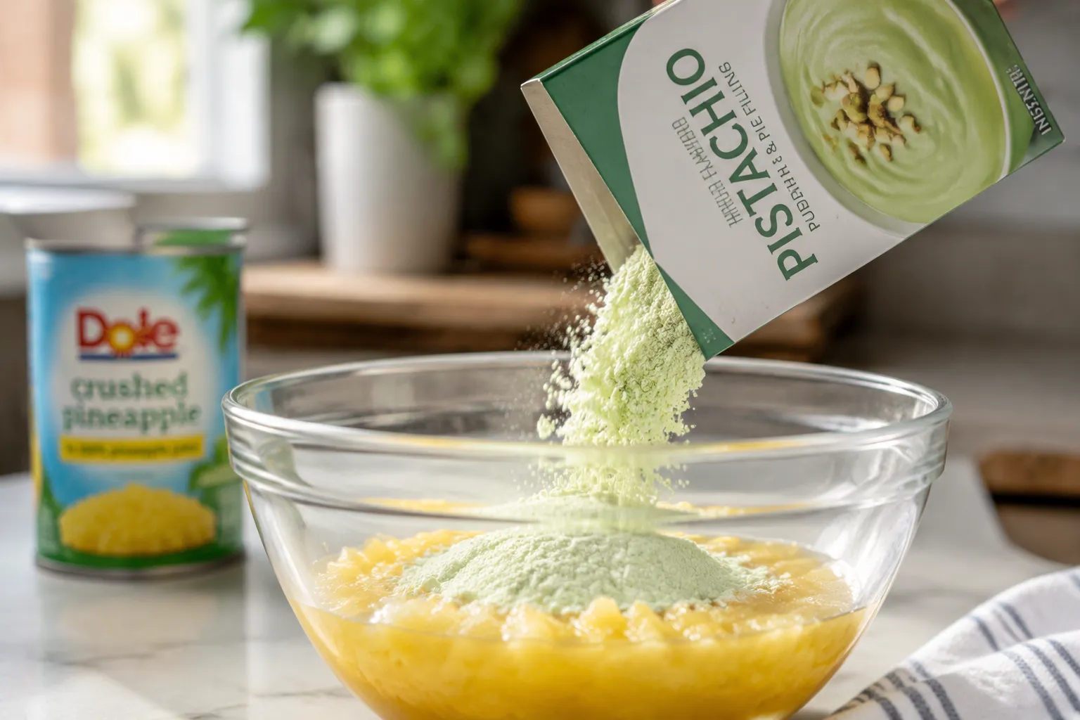 Pouring instant pistachio pudding mix into crushed pineapple