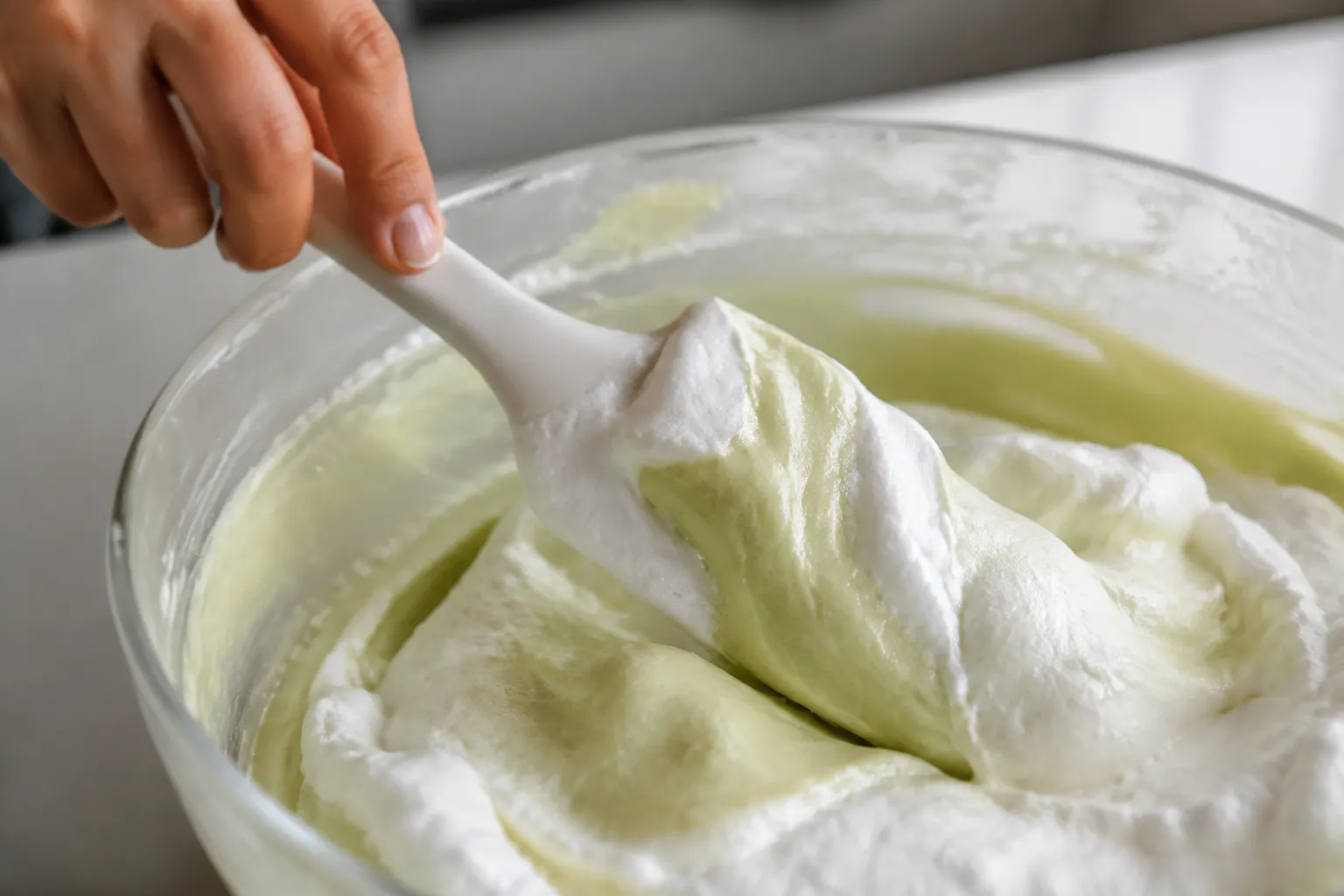 Folding whipped topping into the pistachio pudding mixture