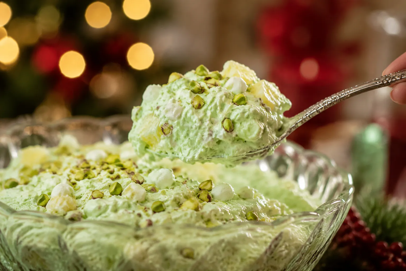 Scooping pistachio watergate salad from a serving bowl