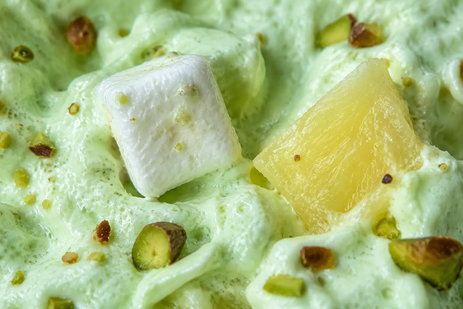 Close up texture of creamy pistachio fluff salad