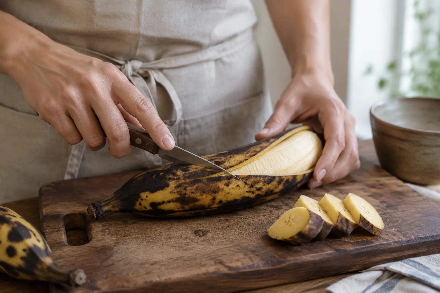 How to peel and slice ripe plantains for frying