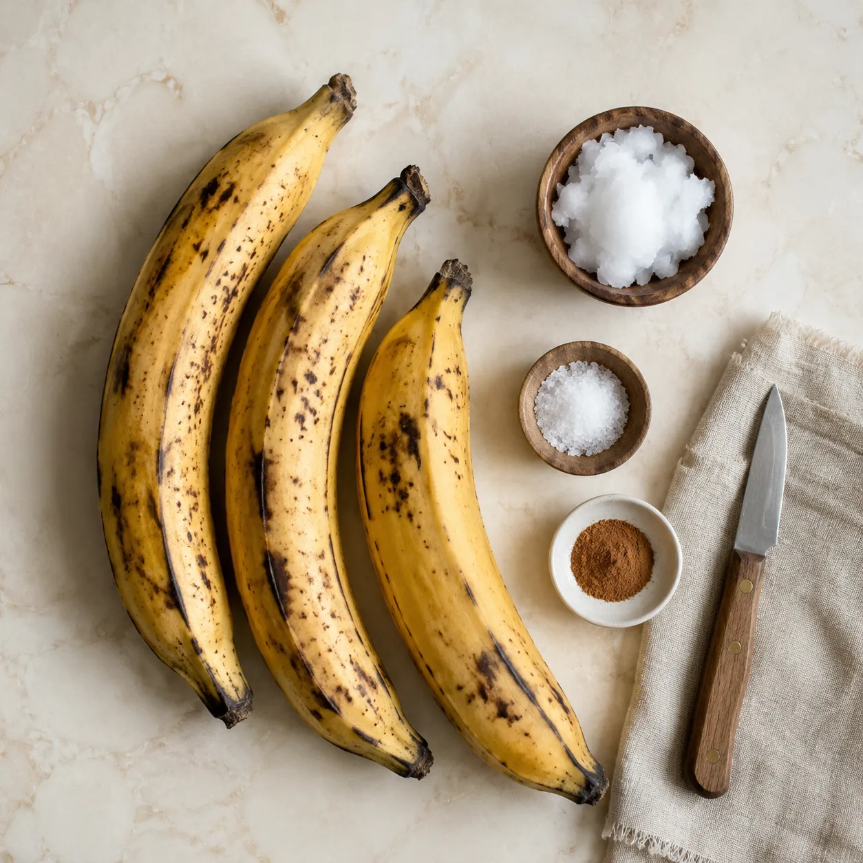 Ingredients for fried plantains: ripe plantains, coconut oil, sea salt, cinnamon
