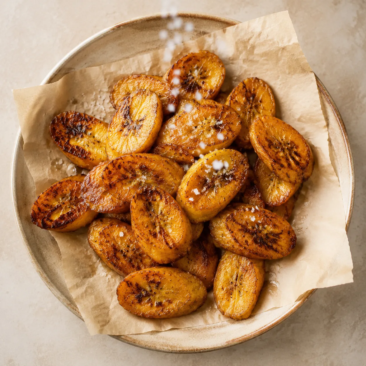 Fried plantains draining on parchment paper with flaky sea salt