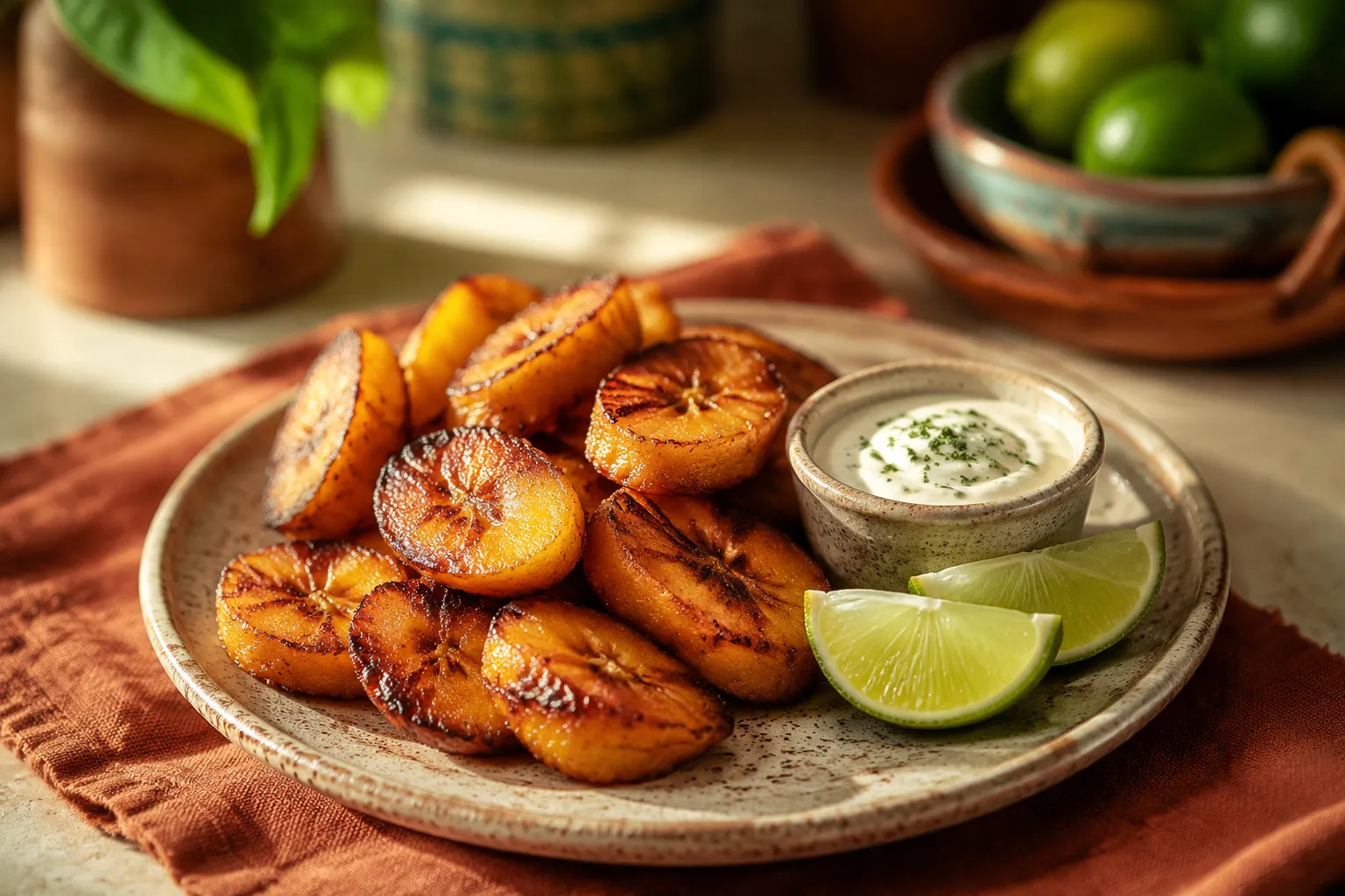 Plated fried plantains served with garlic-lime dipping sauce and lime wedges