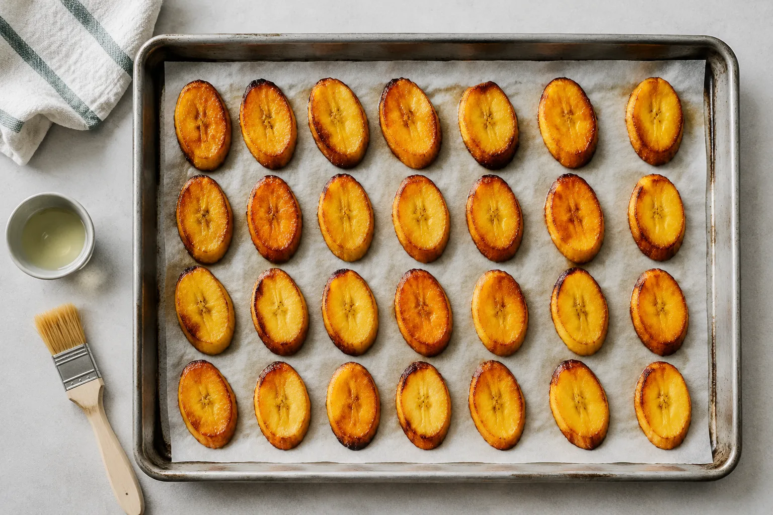 Baked plantains on a sheet pan as a healthier alternative to fried plantains