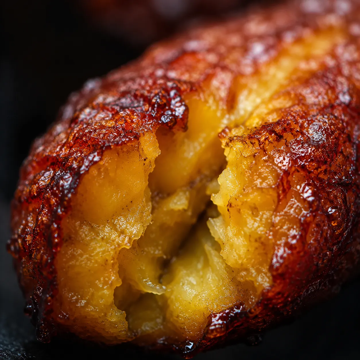 Macro close-up of a caramelized fried plantain slice with tender interior