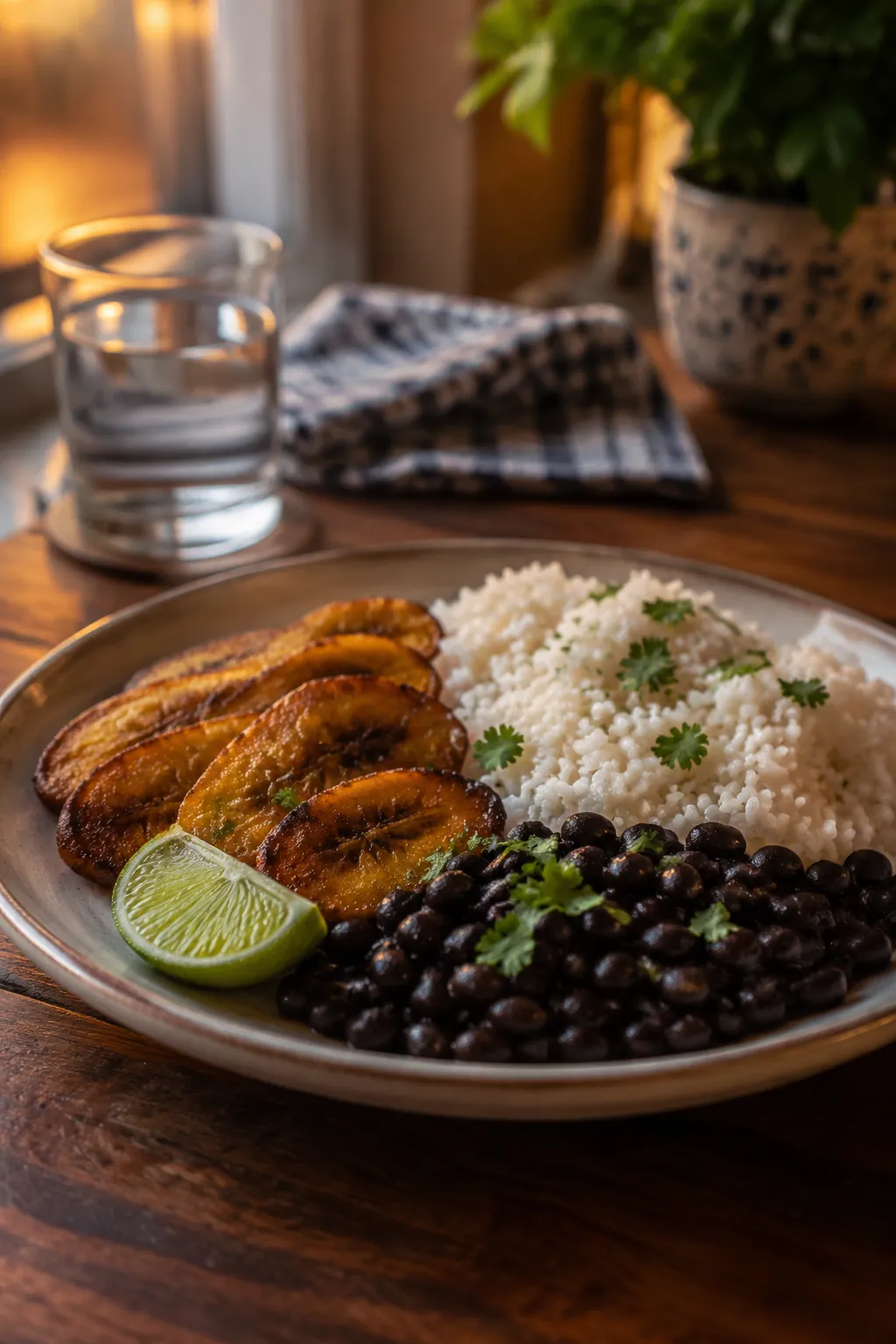 Fried plantains served with rice and black beans for a Caribbean-style dinner