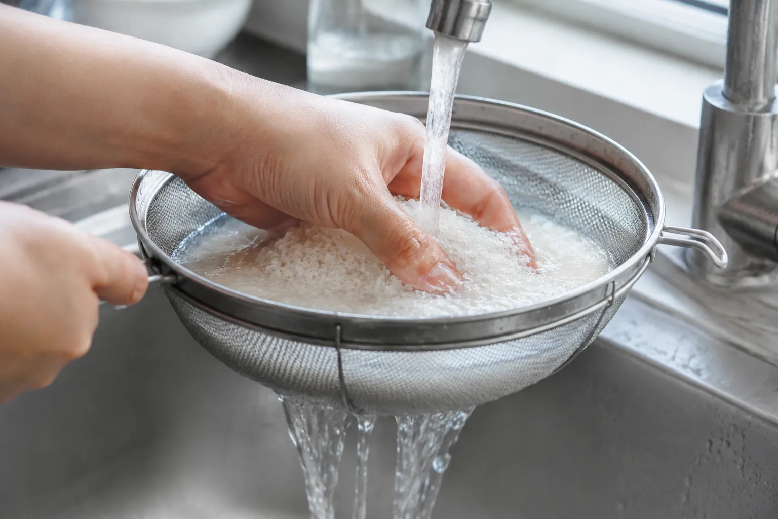 Rinsing rice in a fine-mesh strainer before cooking