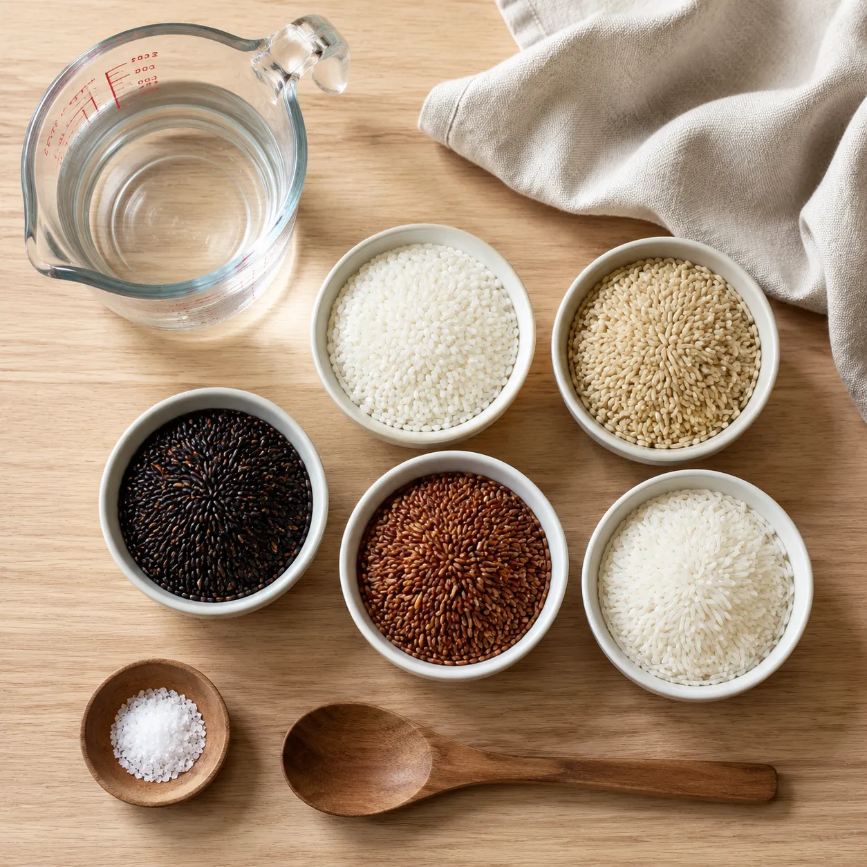 Rice varieties flatlay showing long-grain, jasmine, basmati, and brown rice