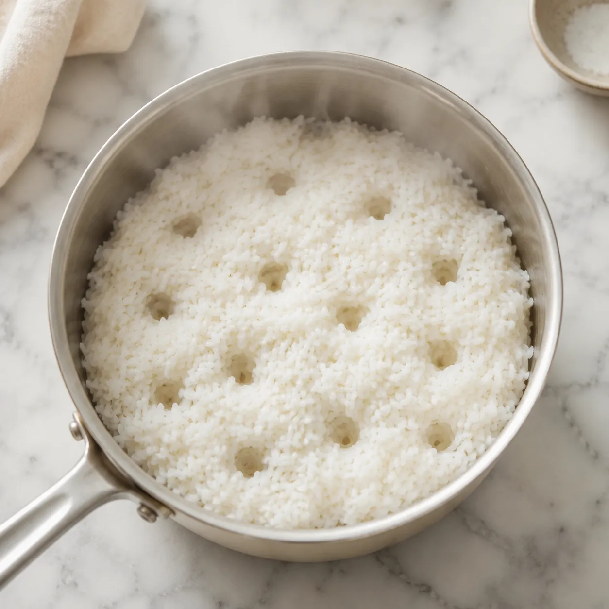 Cooked white rice with steam holes after the proper cook time
