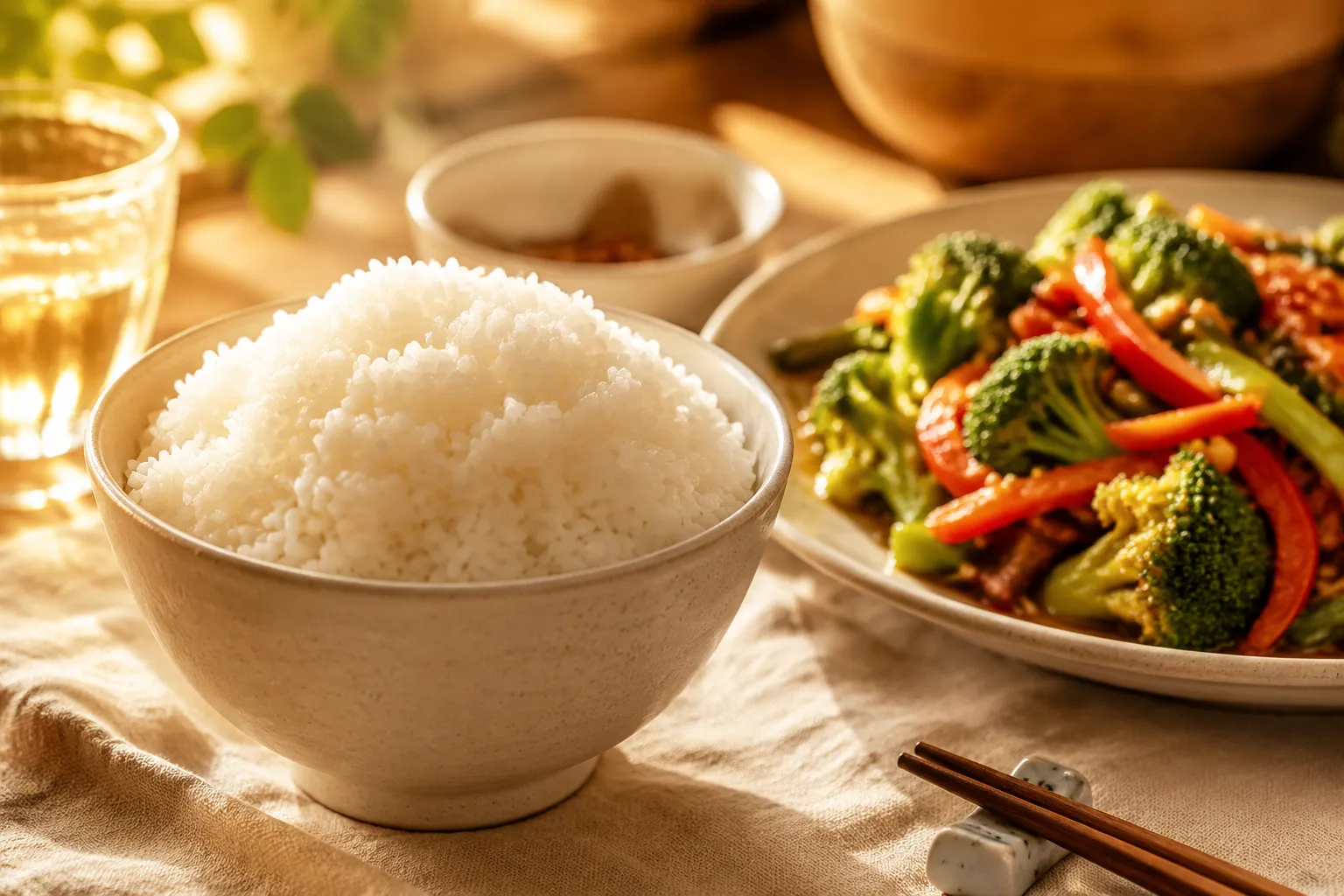 Plated fluffy white rice ready to serve with stir-fry