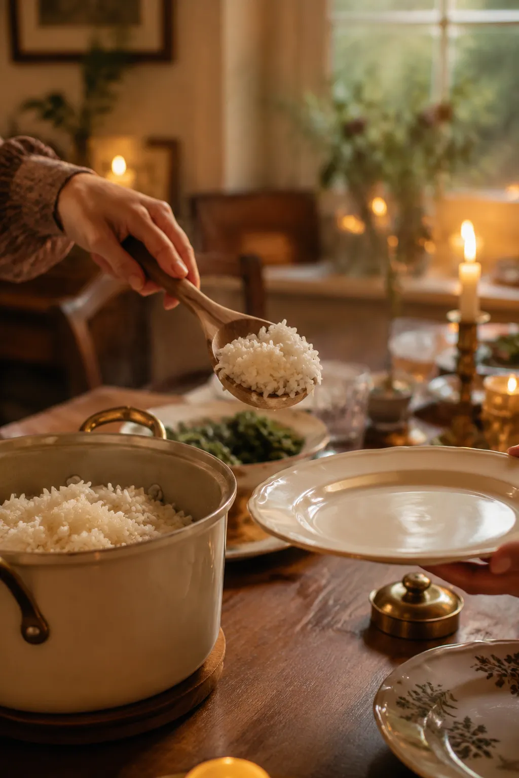 Serving freshly cooked rice from saucepan to dinner plate
