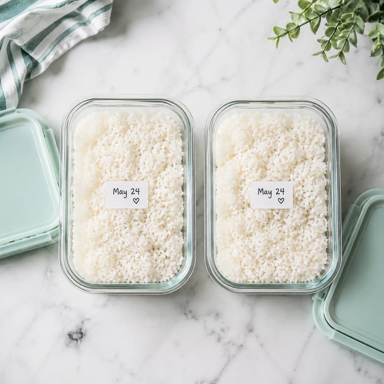 Storing leftover cooked rice in glass containers for the fridge or freezer