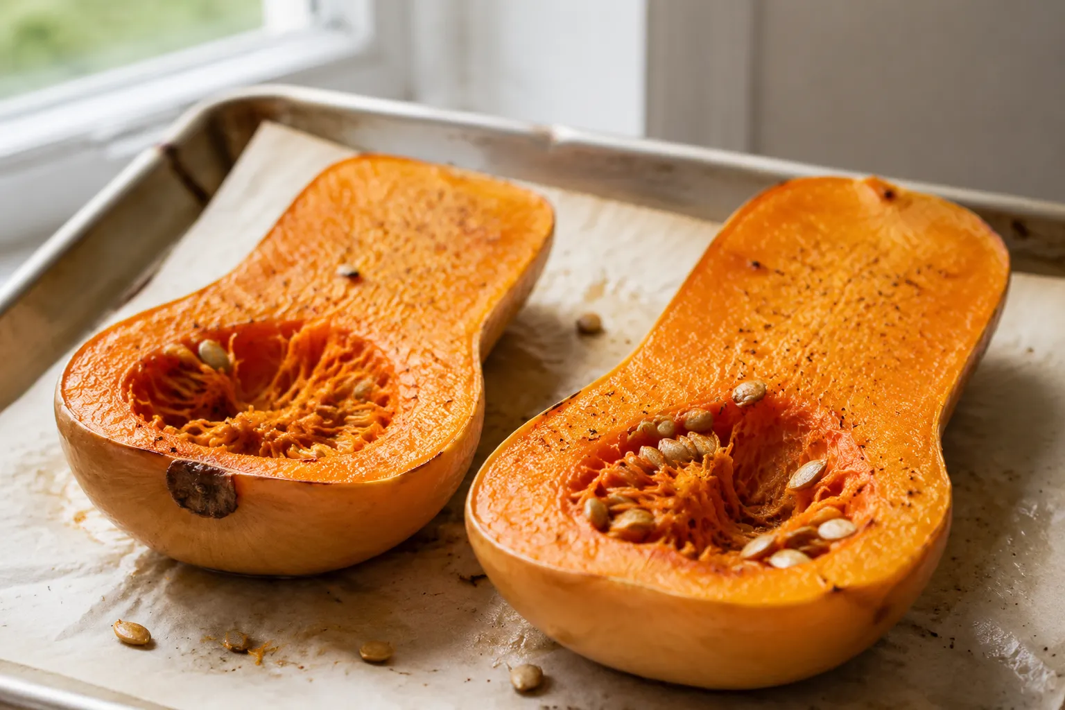 Halved sugar pumpkin prepped for roasting on parchment-lined sheet pan