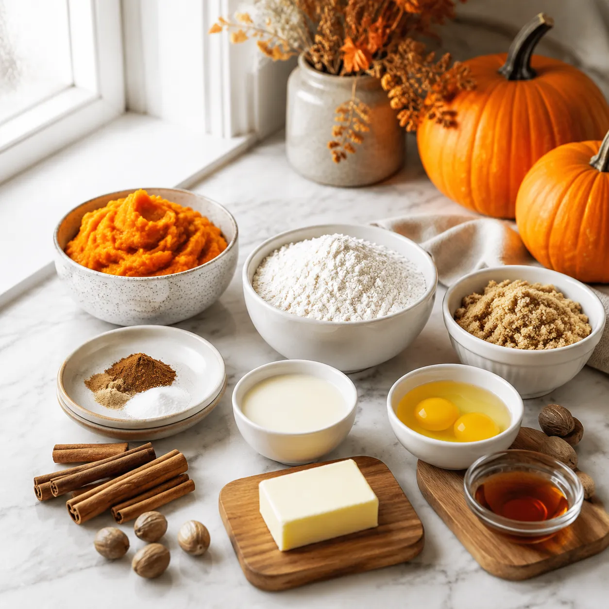 Ingredients for pumpkin pie from scratch with roasted sugar pumpkin