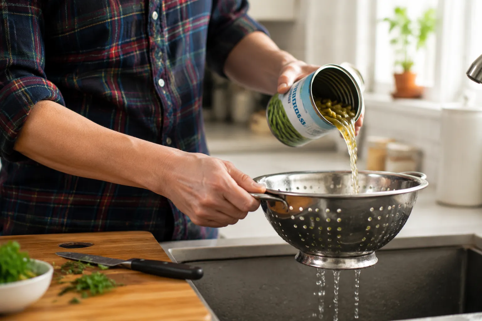 Draining canned green beans for an easy green bean casserole recipe
