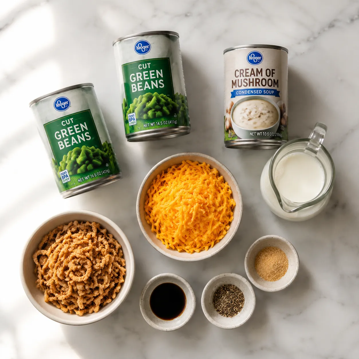 Ingredients for easy green bean casserole recipe arranged in an overhead flatlay