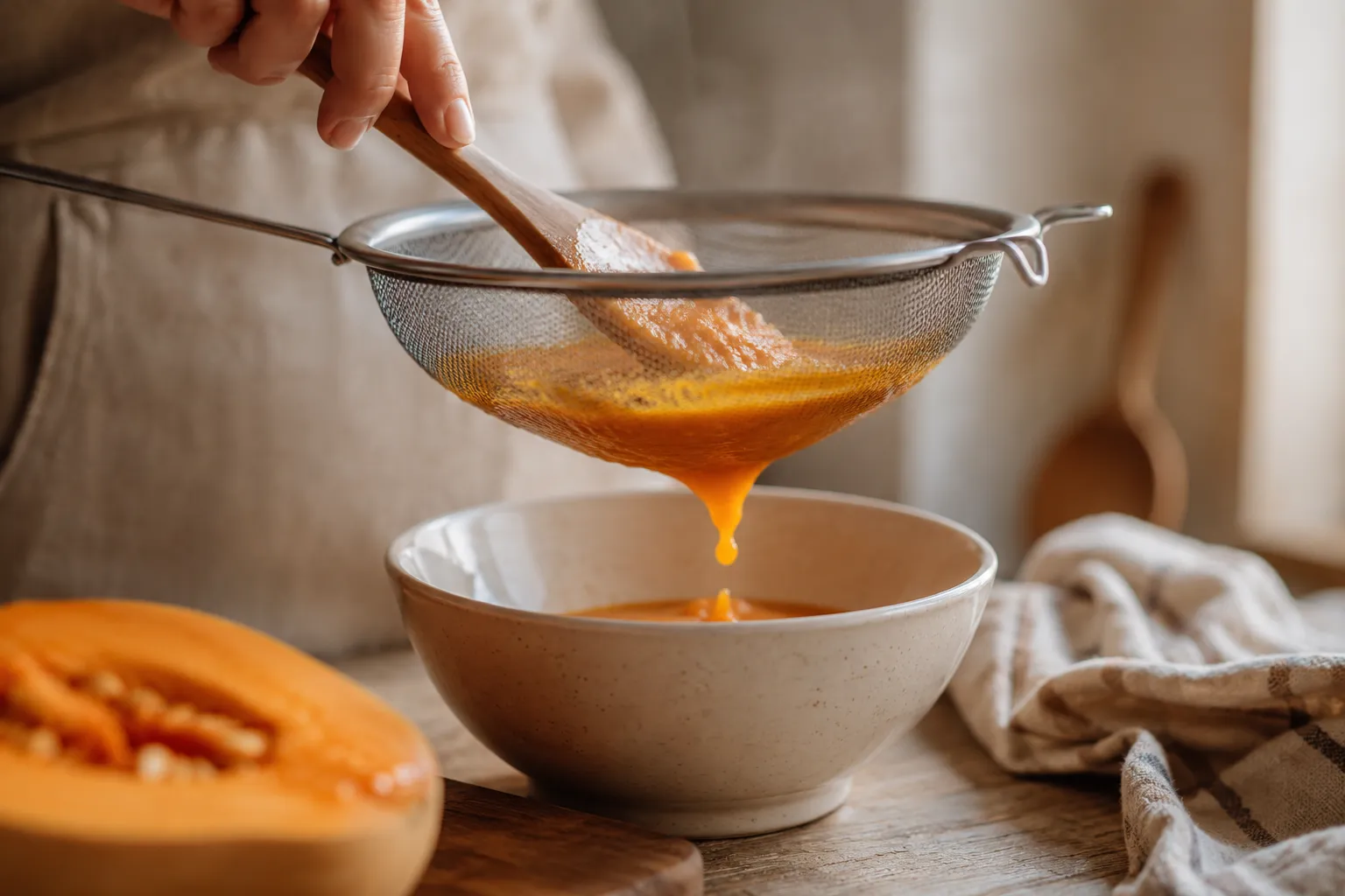 Straining homemade pumpkin puree through a fine mesh sieve