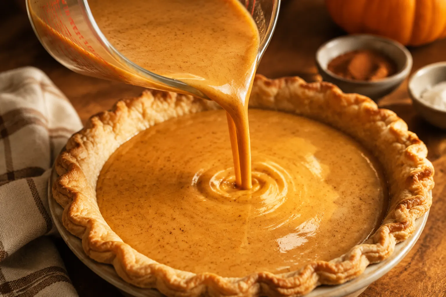 Pouring pumpkin pie filling into a flaky homemade crust
