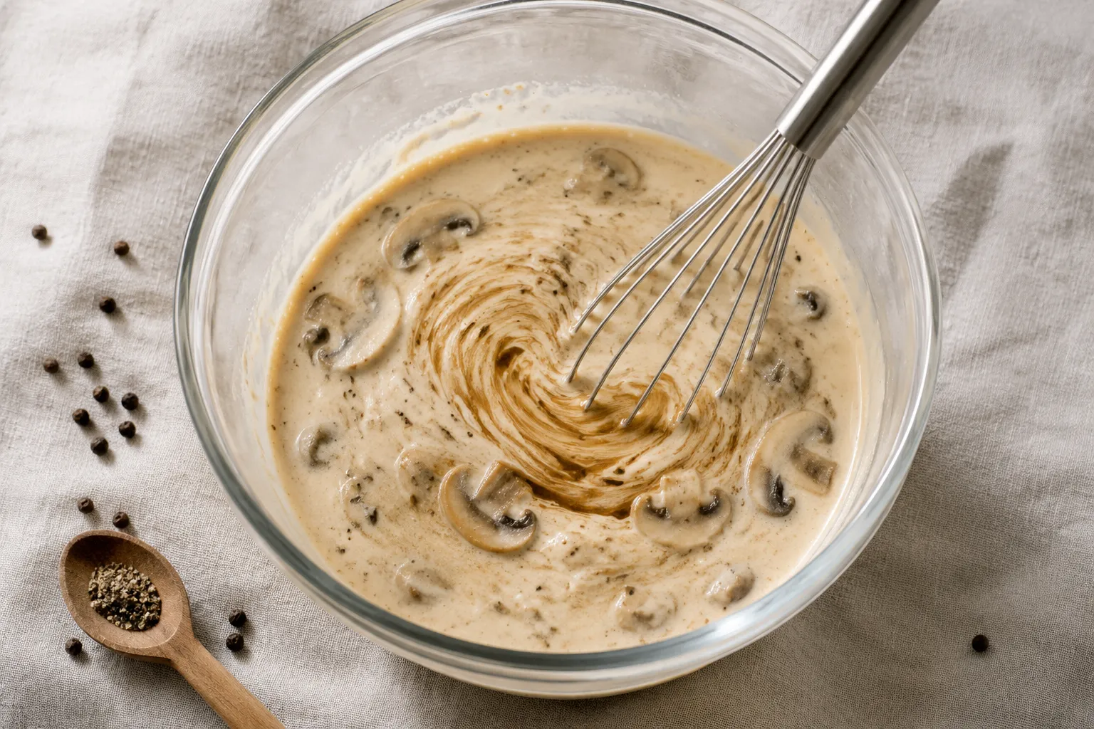 Whisking creamy mushroom sauce for green bean casserole
