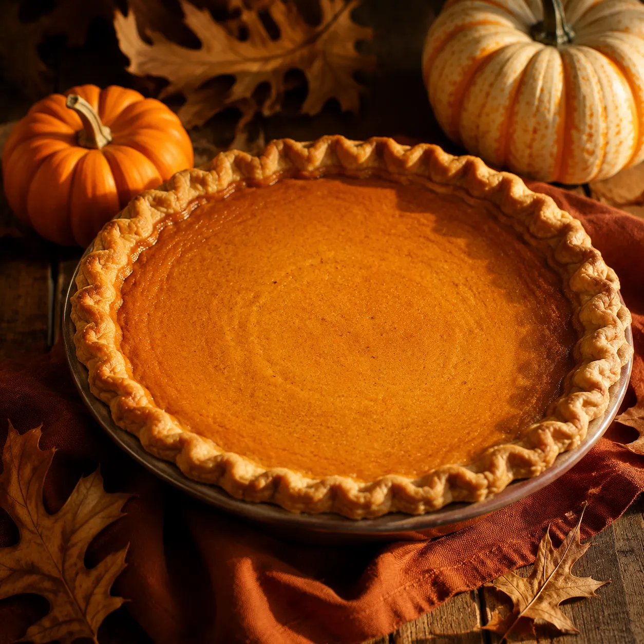 Whole pumpkin pie from scratch with roasted pumpkin and crimped crust