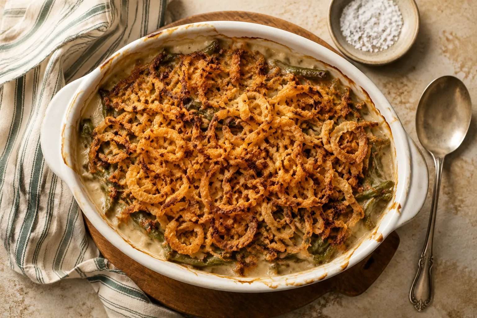 Easy green bean casserole recipe fresh from the oven with golden crispy topping