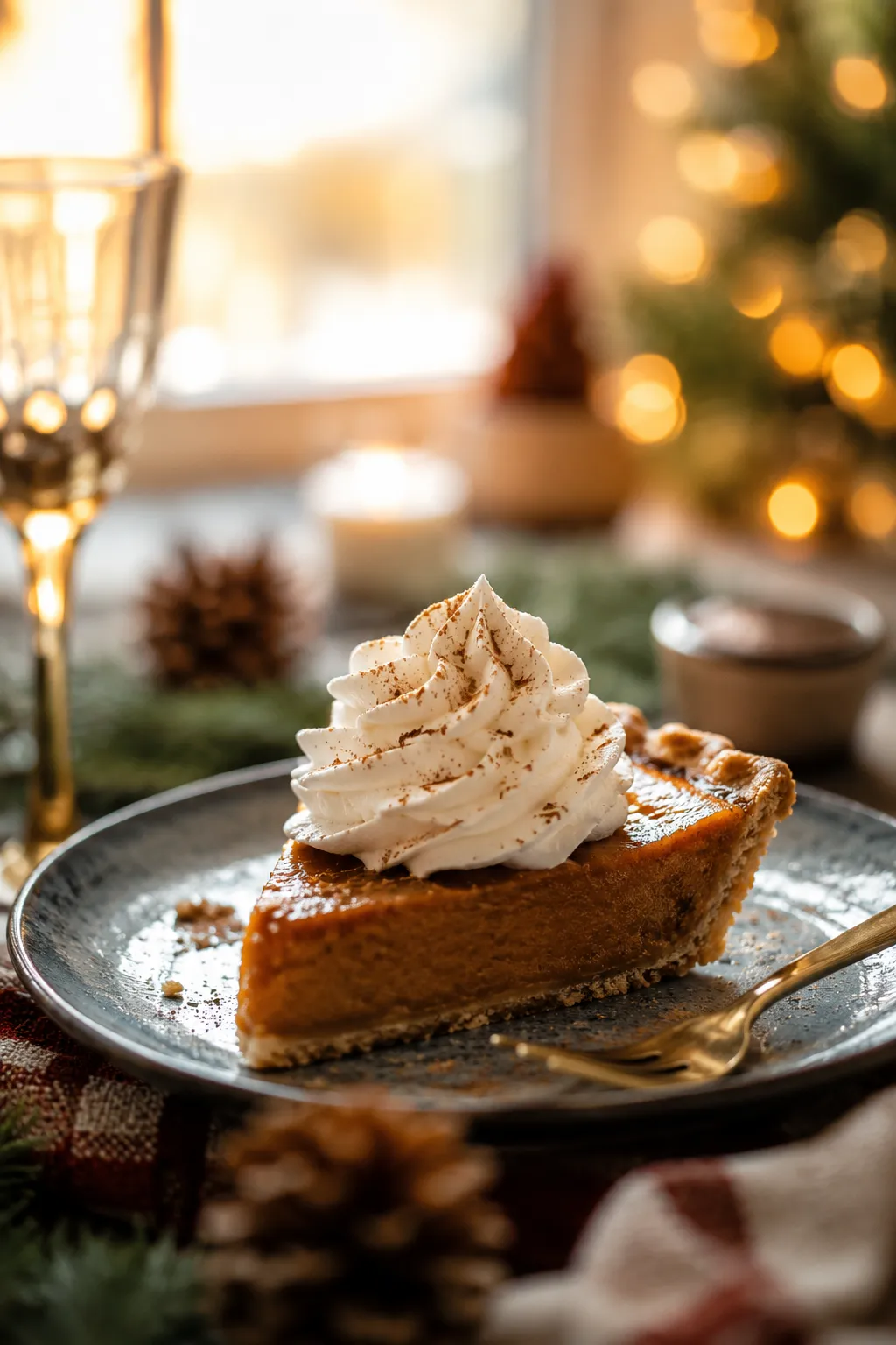 Slice of pumpkin pie with whipped cream on a holiday dessert plate