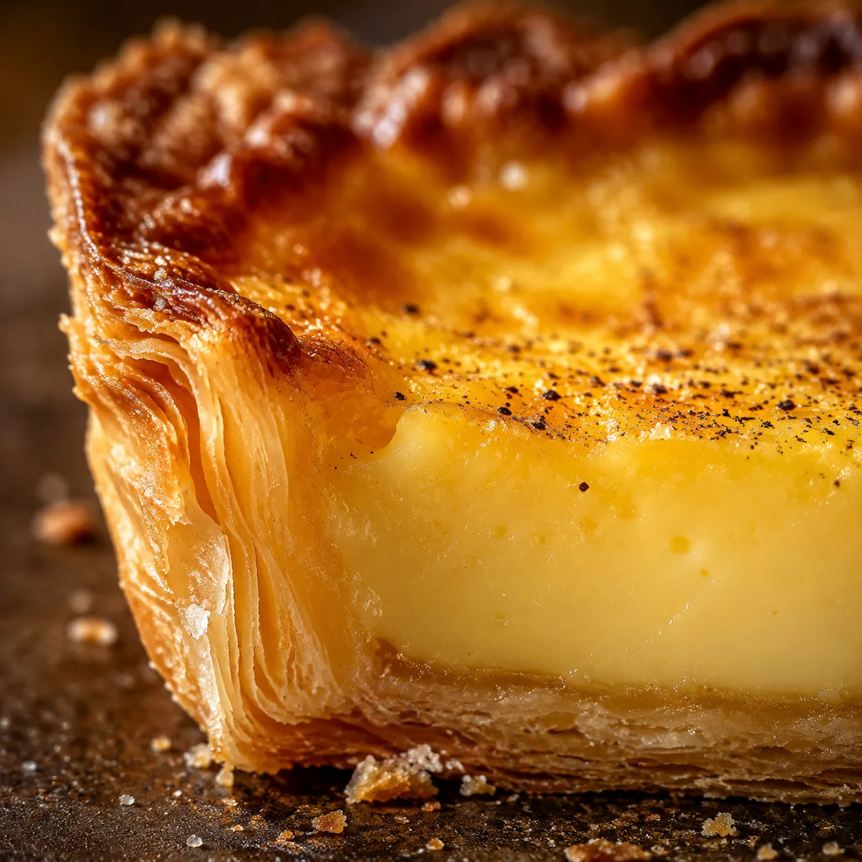 Close-up of pumpkin pie custard texture and flaky butter crust