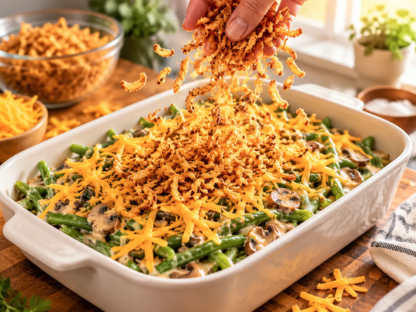 Topping green bean casserole with crispy fried onions and cheddar cheese before baking