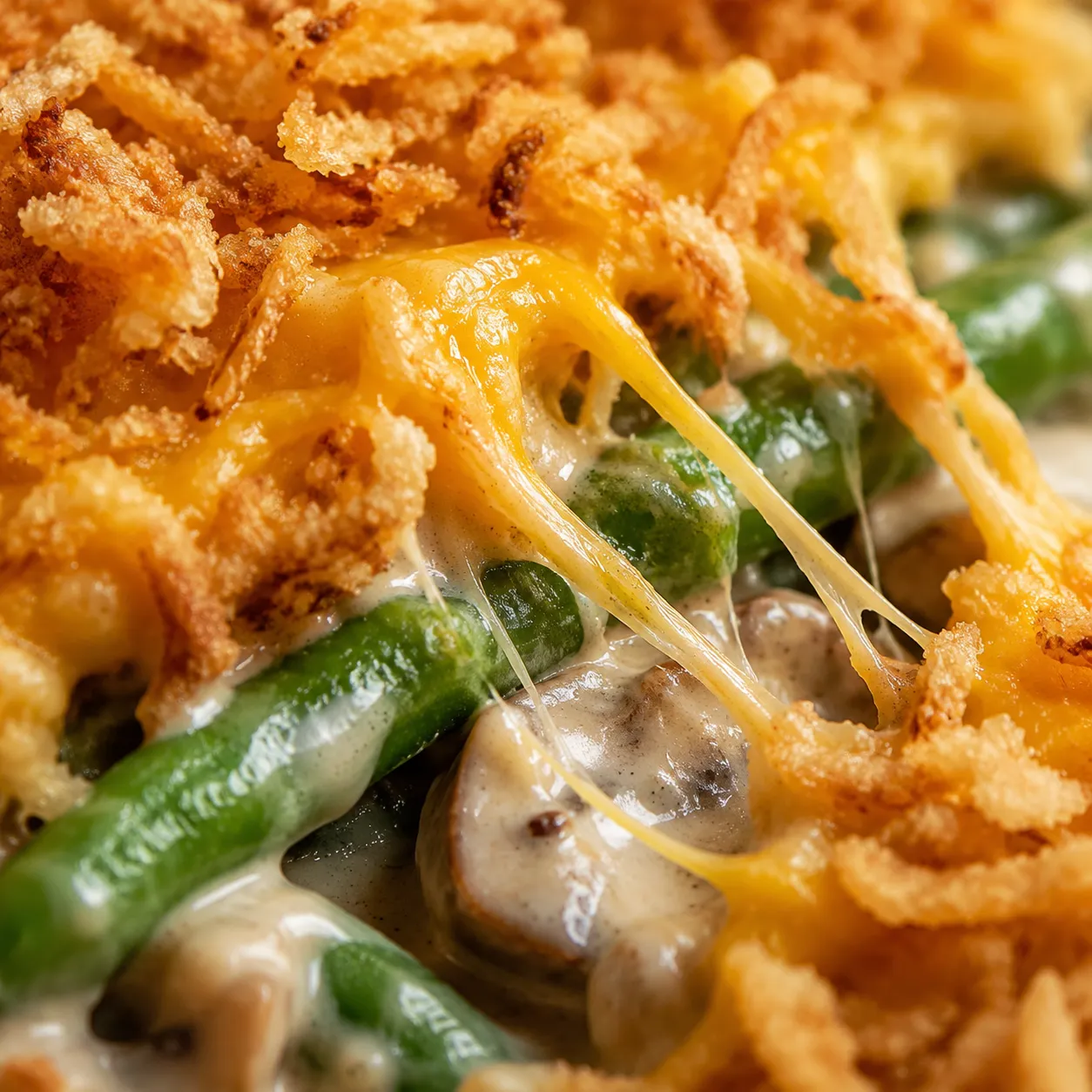 Macro close-up of crispy onion topping on cheesy green bean casserole