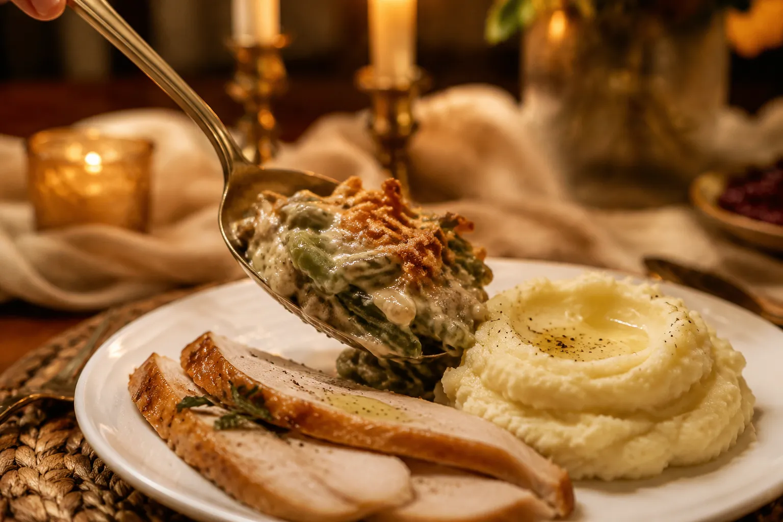 Serving easy green bean casserole on a Thanksgiving dinner plate