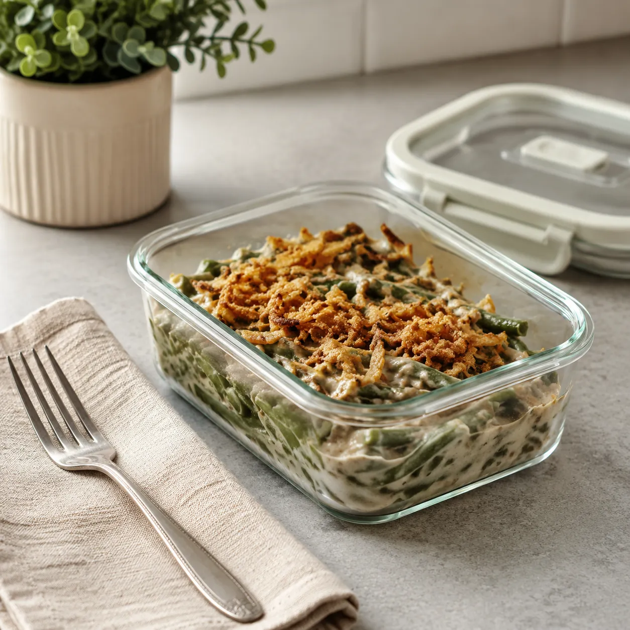 Storing leftover easy green bean casserole in a glass container