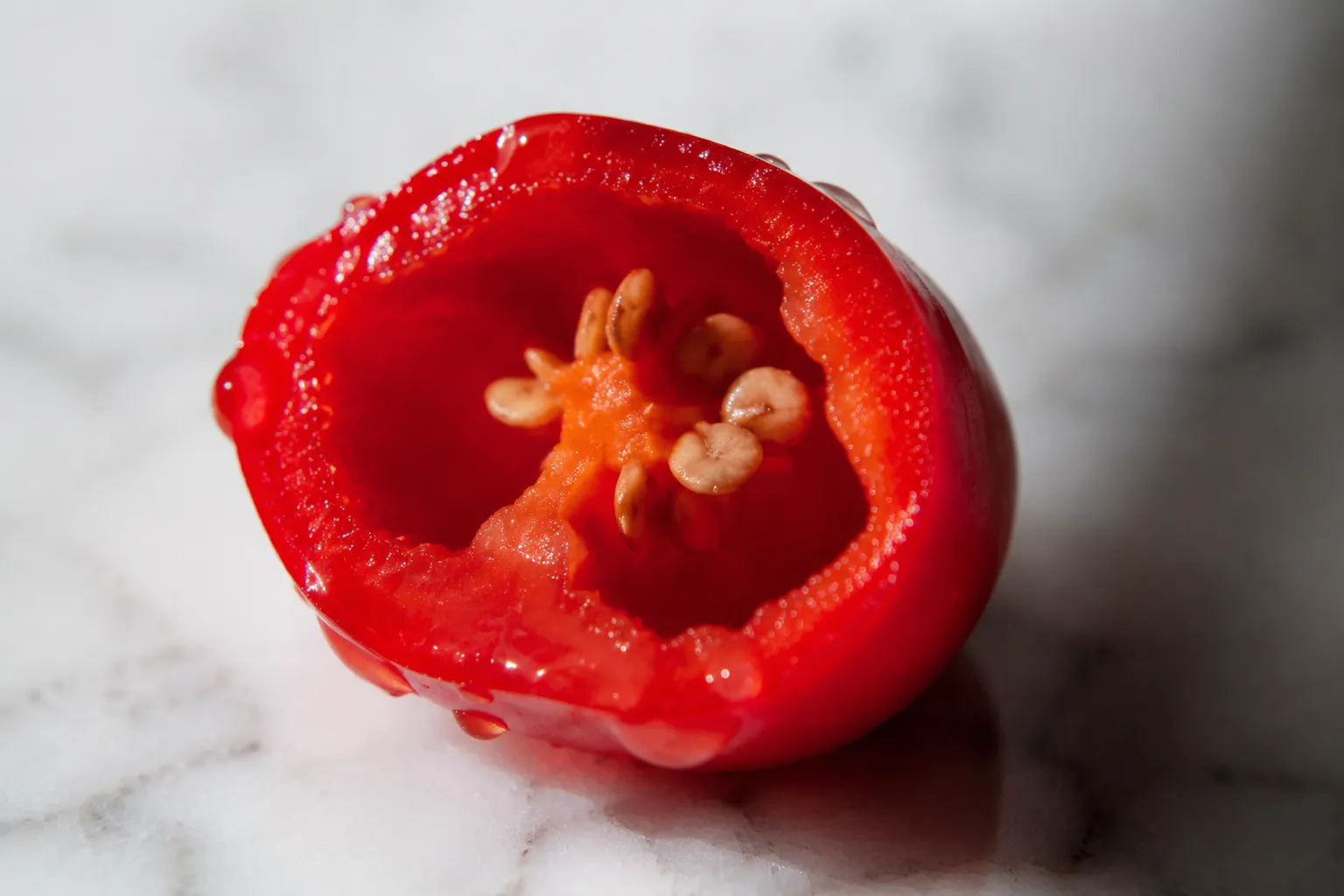 Close-up macro of a peppadew pepper sliced open showing the seeded interior