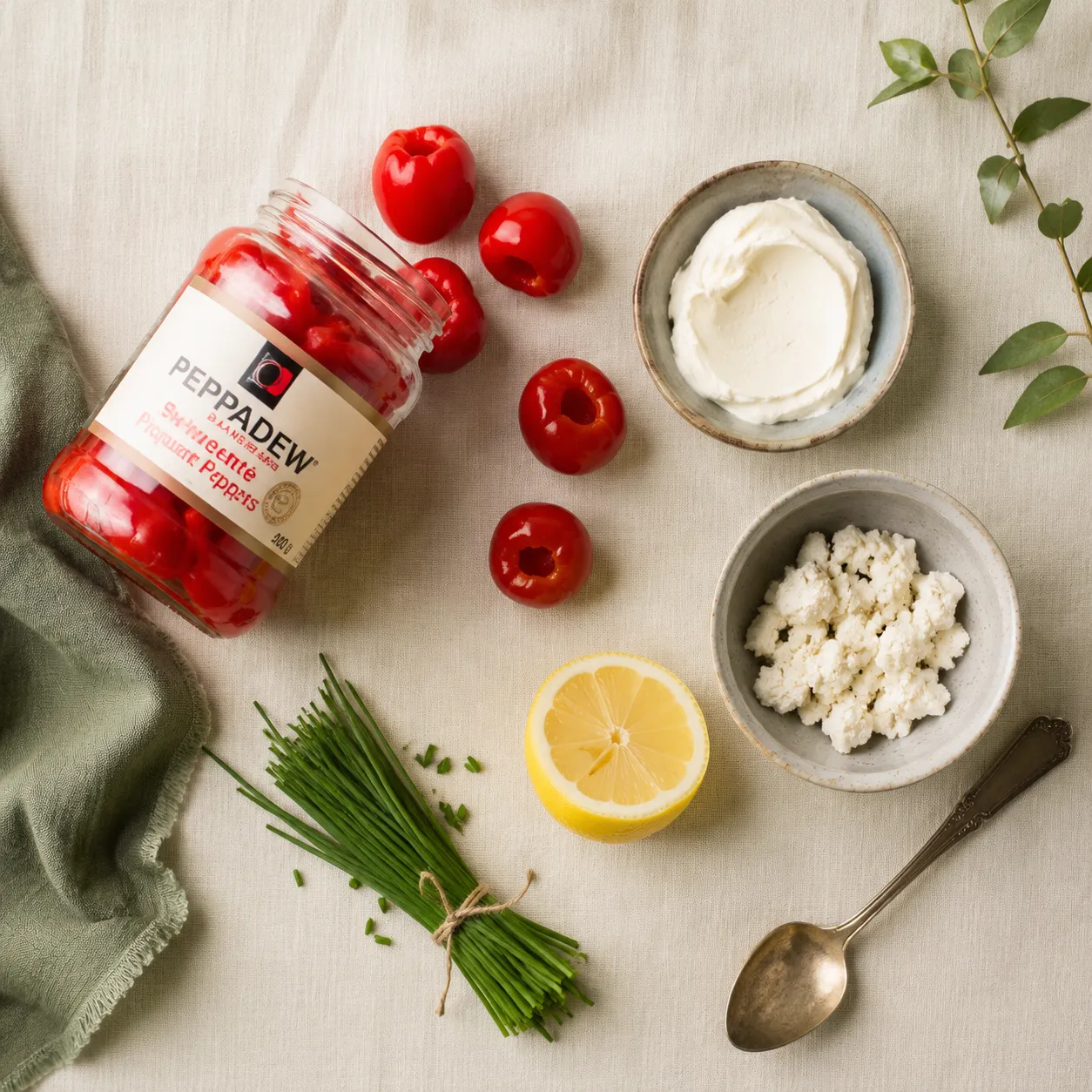 Peppadew peppers ingredients flatlay with cream cheese, goat cheese, and chives