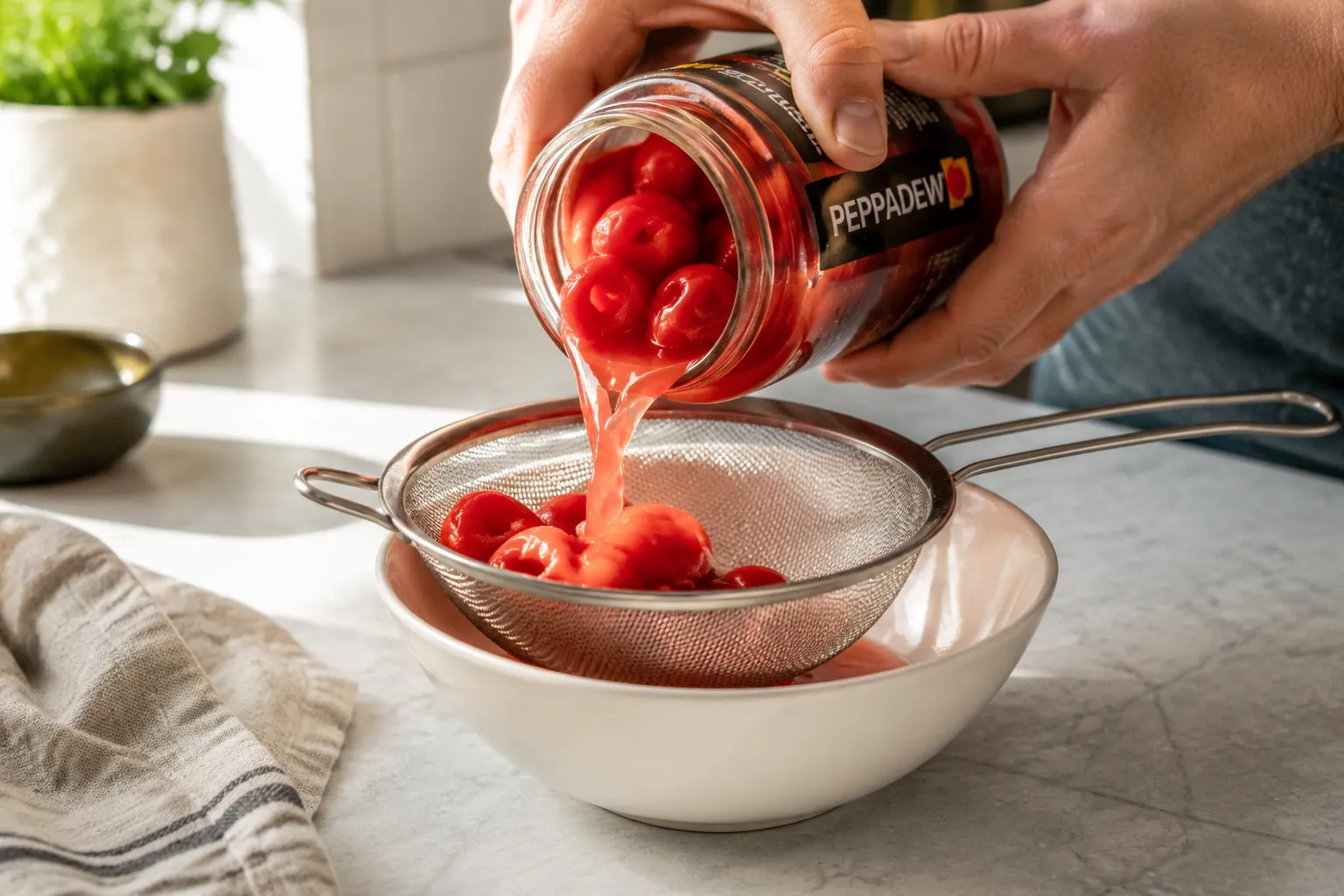 Hands draining peppadew peppers from a jar into a strainer