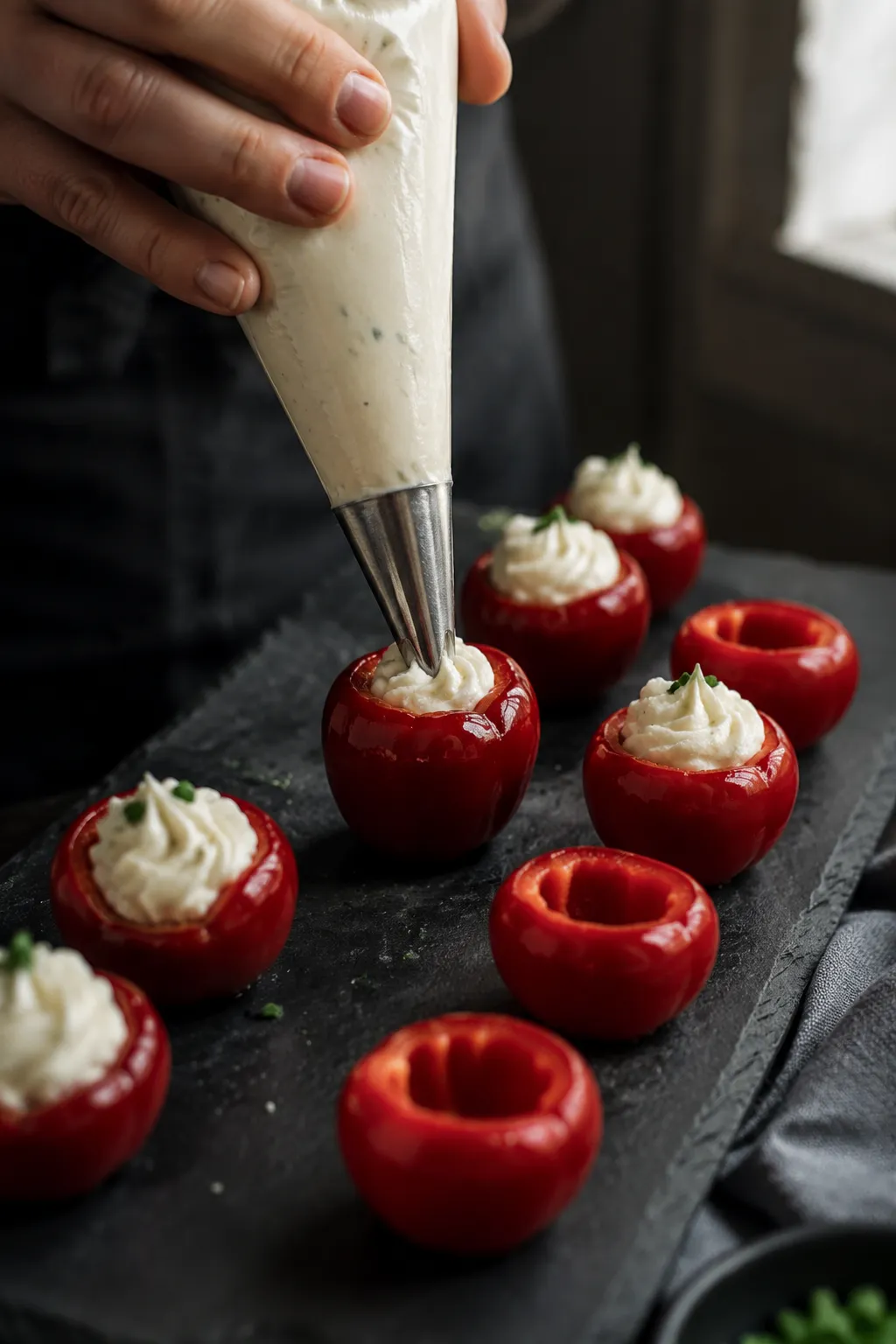 Piping cream cheese filling into peppadew peppers step by step