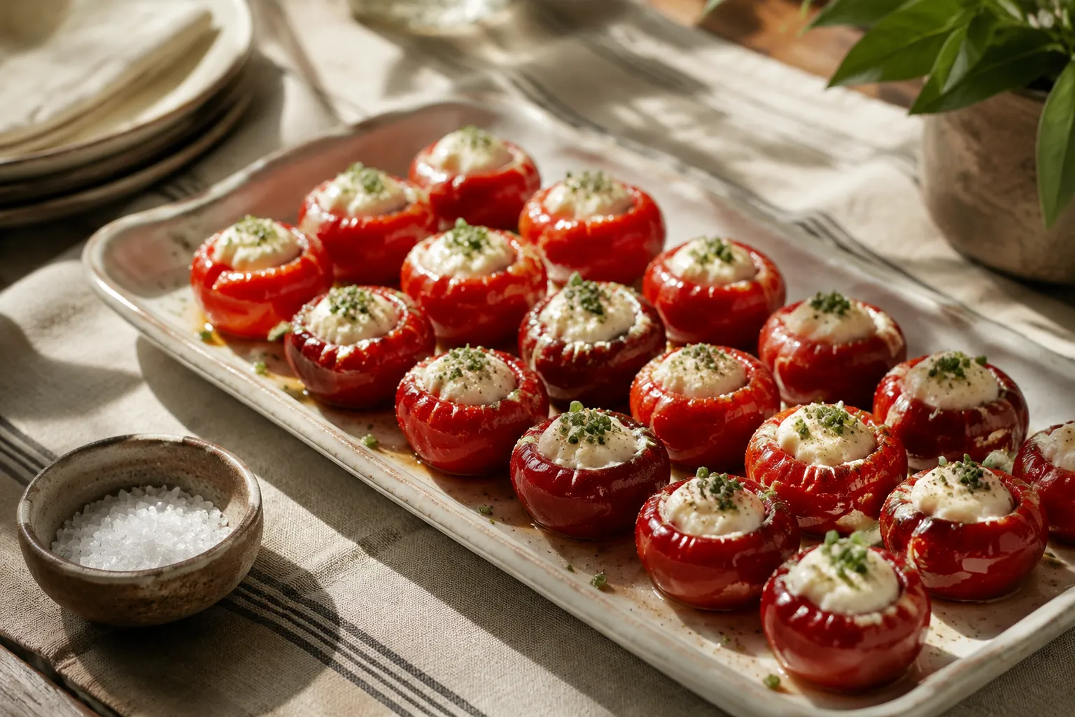 Plated stuffed peppadew peppers garnished with fresh chives