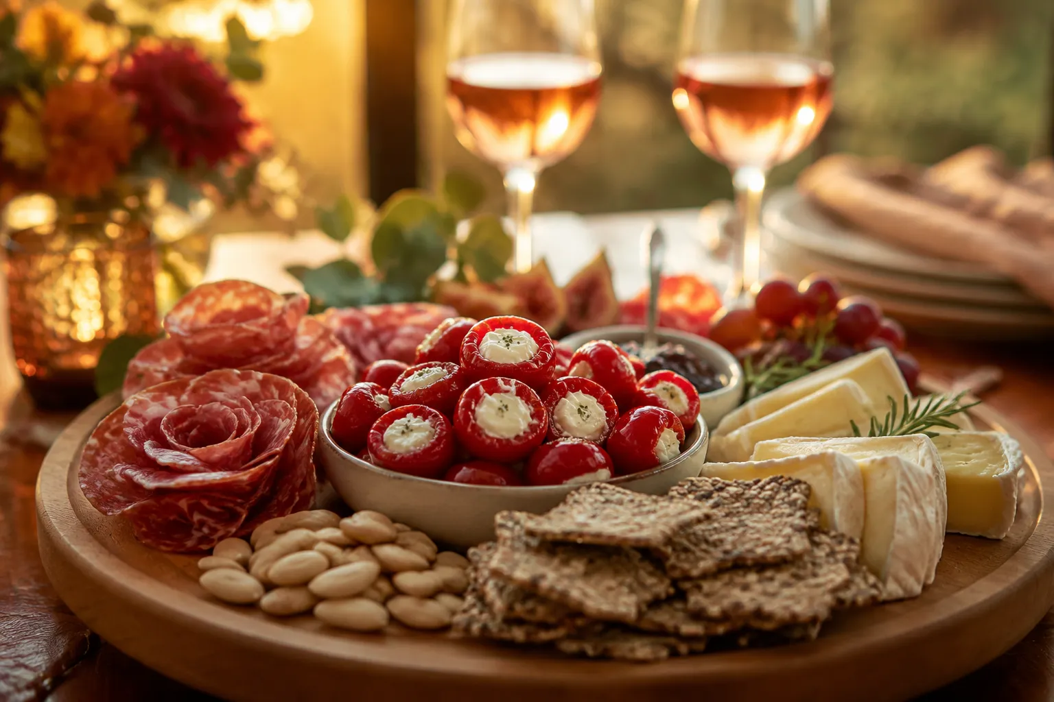 Peppadew peppers on a cheese board with salami, brie, and crackers