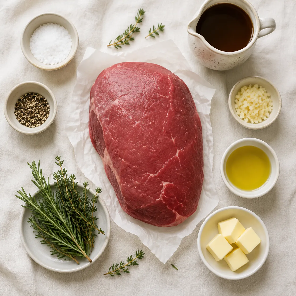 Sirloin tip roast ingredients flatlay with herbs garlic and seasonings