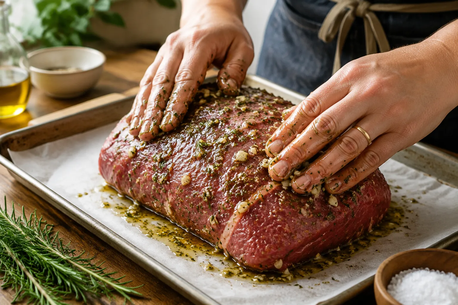 Rubbing garlic herb seasoning onto raw sirloin tip roast
