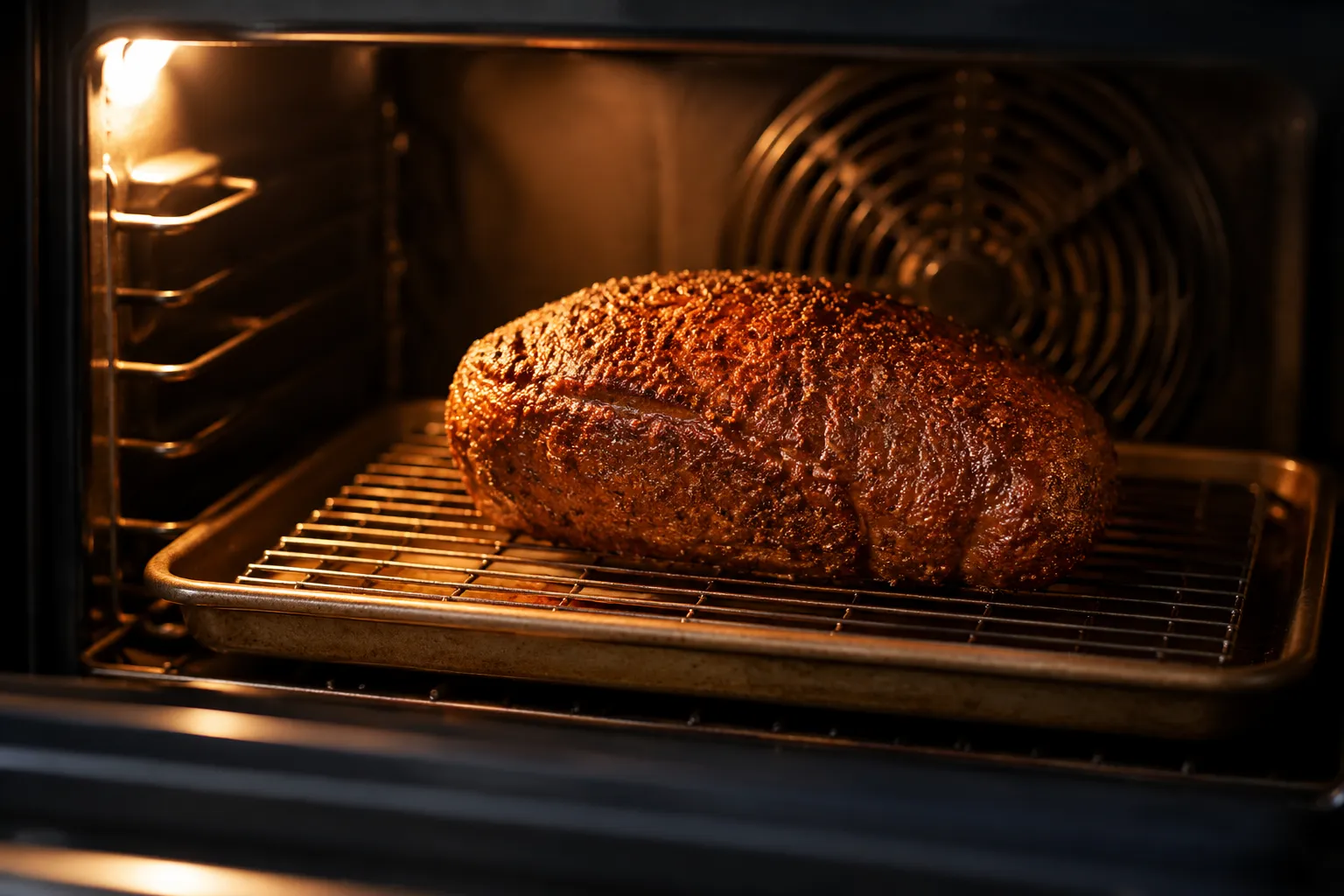Sirloin tip roast slow roasting on a wire rack in the oven