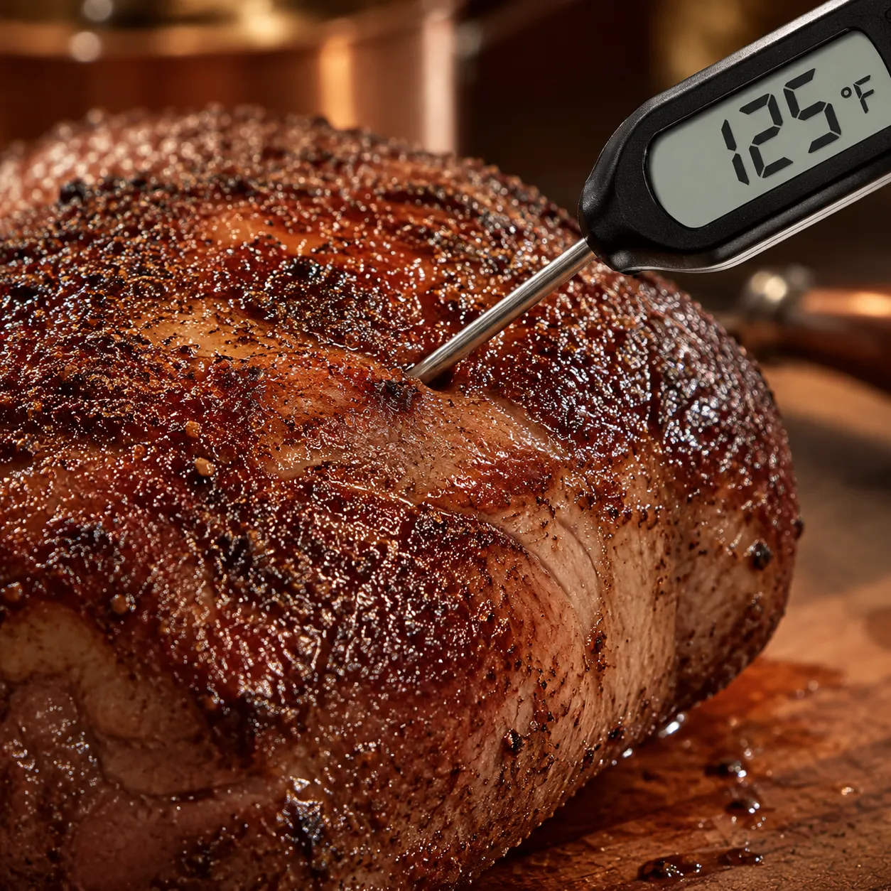 Meat thermometer in sirloin tip roast reading medium rare 125F