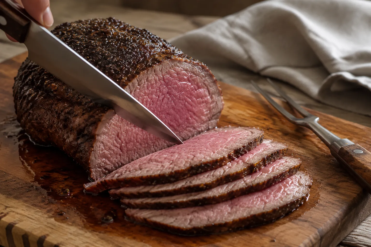 Slicing sirloin tip roast thin against the grain with a carving knife