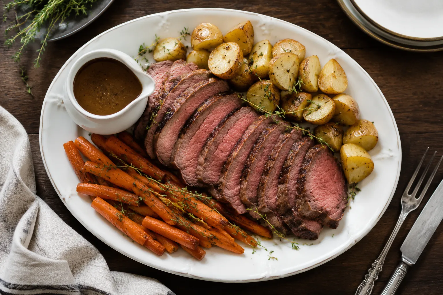 Sliced sirloin tip roast platter with roasted vegetables and pan gravy