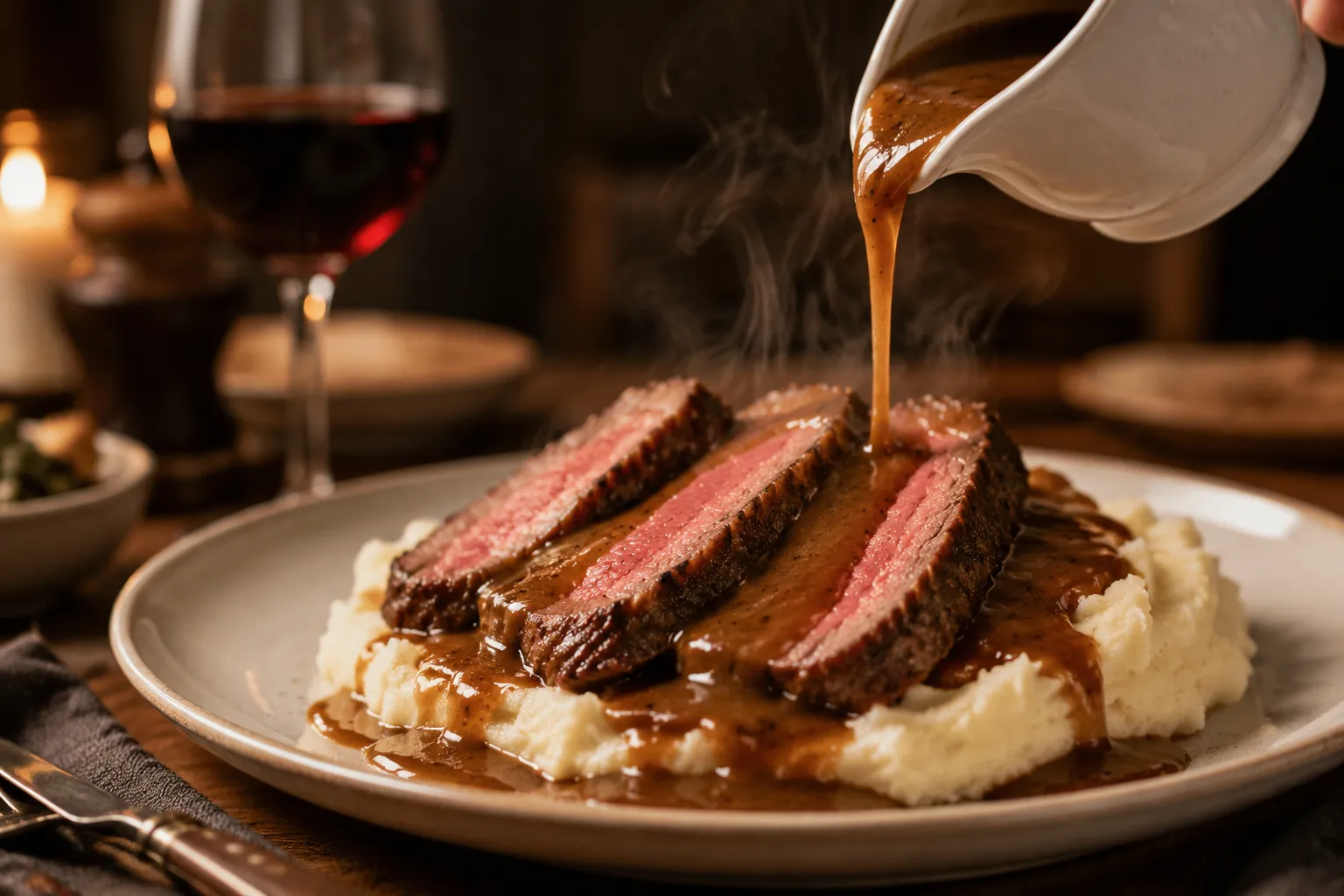 Sirloin tip roast plated with mashed potatoes and pan gravy poured over
